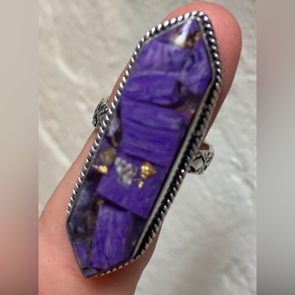*𝒮𝒪ℒ𝒟* Long Stone Silver 925 Purple Ring Charoite and Copper Mosaic, size 7.5